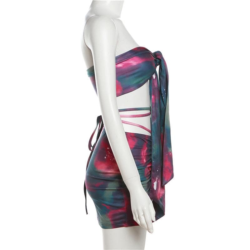 Minigonna a contrasto con coulisse, arricciata e tie-dye senza schienale 