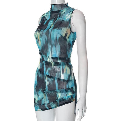 Chiffon tie dye high neck ruched contrast sleeveless zip-up mini dress