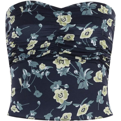 Flower print contrast ruched smocked backless tube crop top