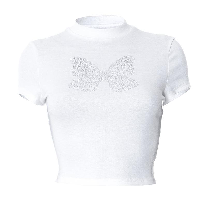 Butterfly beaded short sleeve crewneck crop top