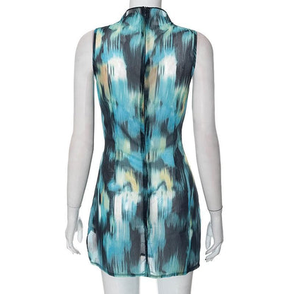 Chiffon tie dye high neck ruched contrast sleeveless zip-up mini dress