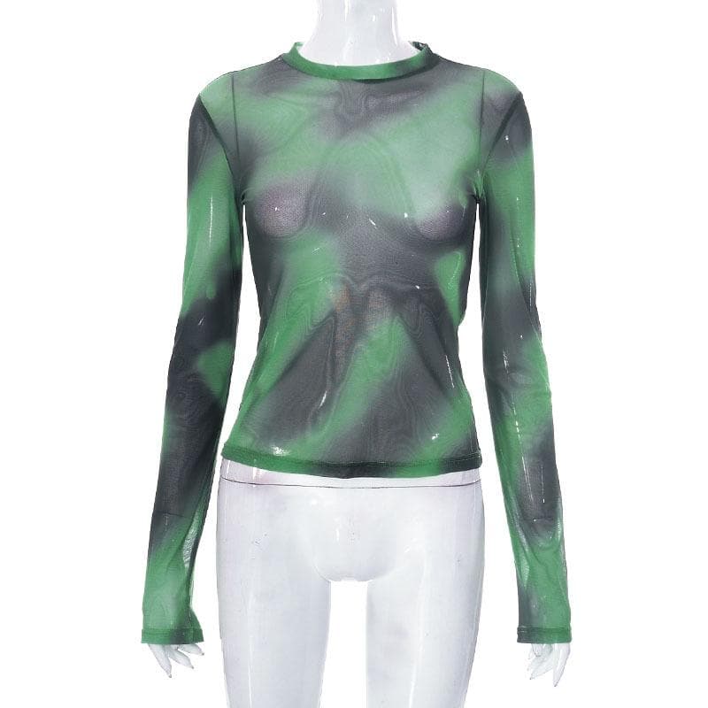 Sheer mesh see through tie dye long sleeve crewneck contrast top