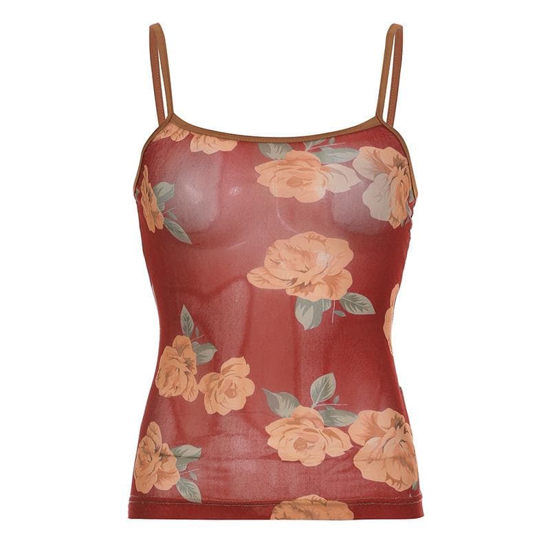 Contrast flower print mesh square neck cami top