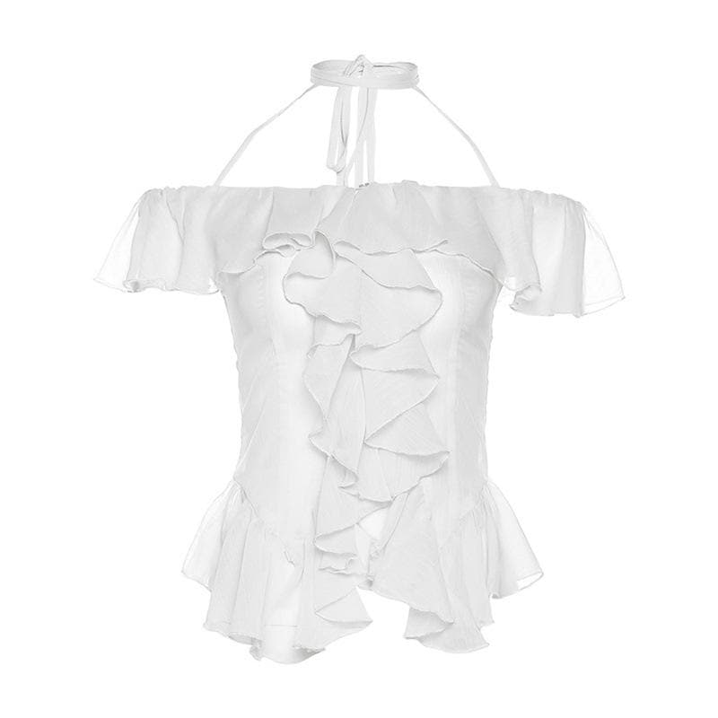 Ruffle off shoulder halter see through slit solid top