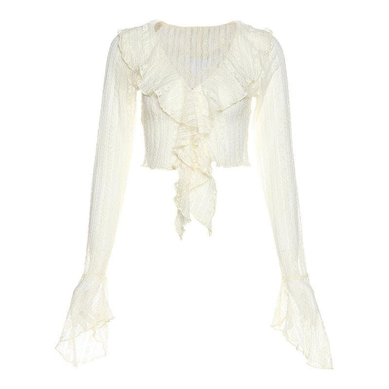 Lace see through flared sleeve v neck ruffle solid button crop top