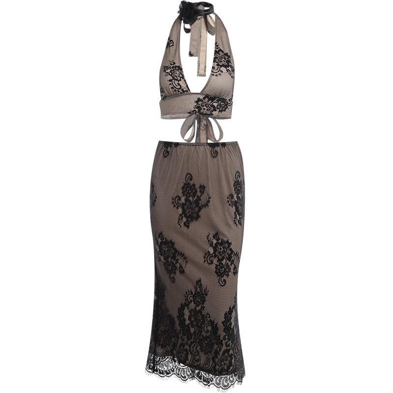 Completo gonna midi con scollo a V e schiena scoperta in pizzo con allacciatura all'americana 