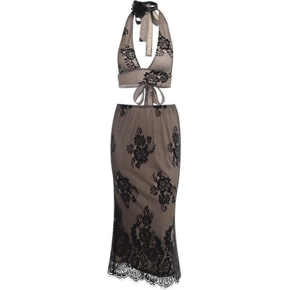 Completo gonna midi con scollo a V e schiena scoperta in pizzo con allacciatura all'americana 