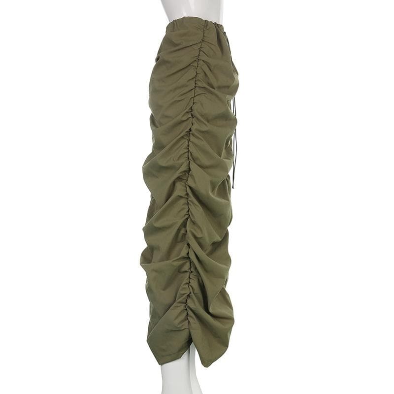 Drawstring ruched cargo low rise solid midi skirt