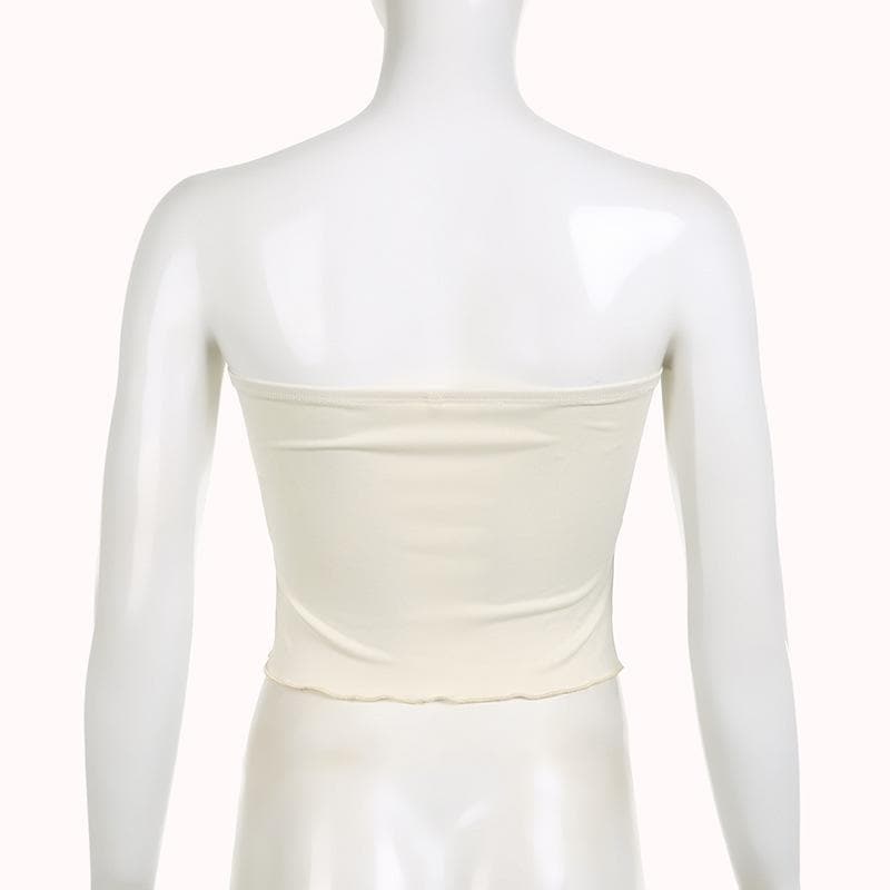 Rückenfreies, kurzes Tube-Top mit Rüschen und Engel-Muster in Kontrastfarbe 