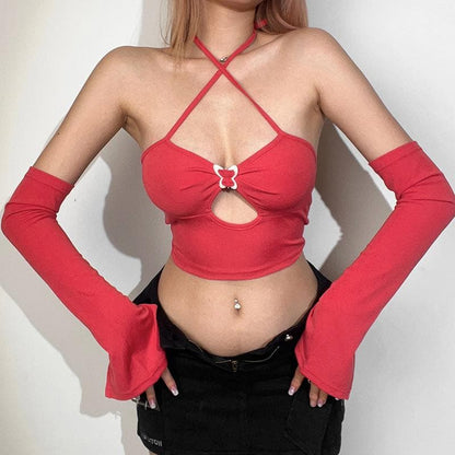 Buckle halter cross front hollow out gloves backless crop top - Final Sale