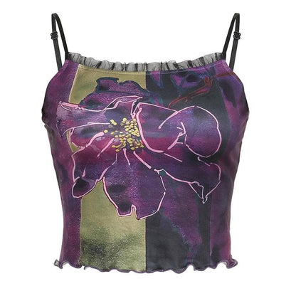 Ruffle flower print contrast square neck backless cami crop top