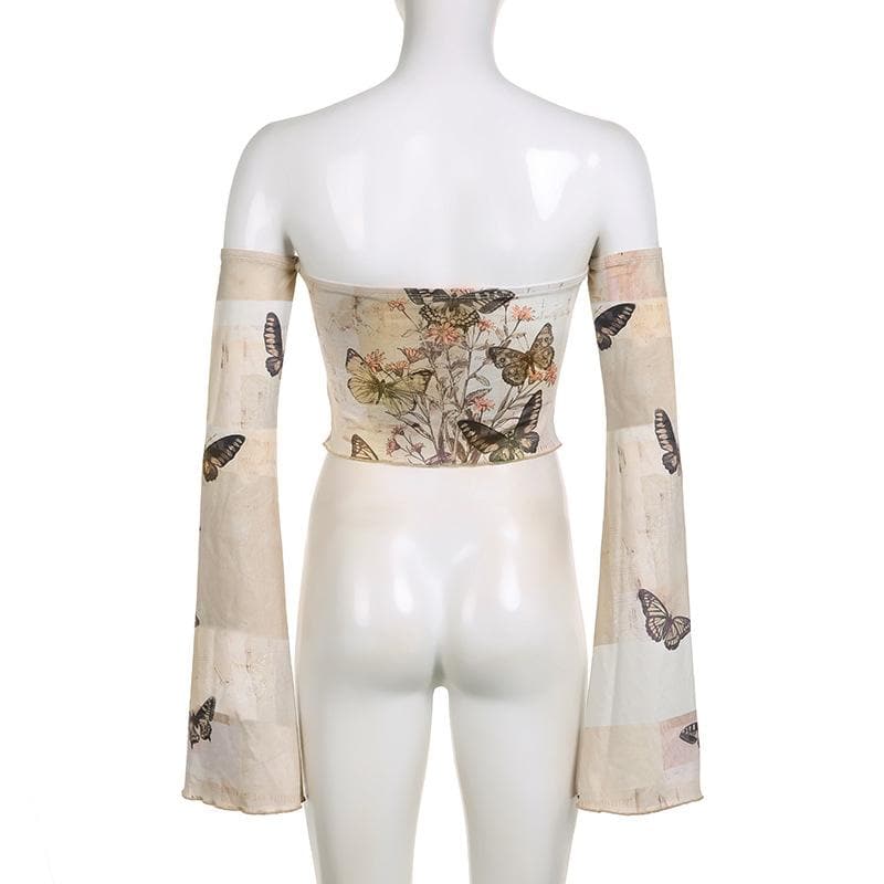 Butterfly print off shoulder flared sleeve contrast backless top