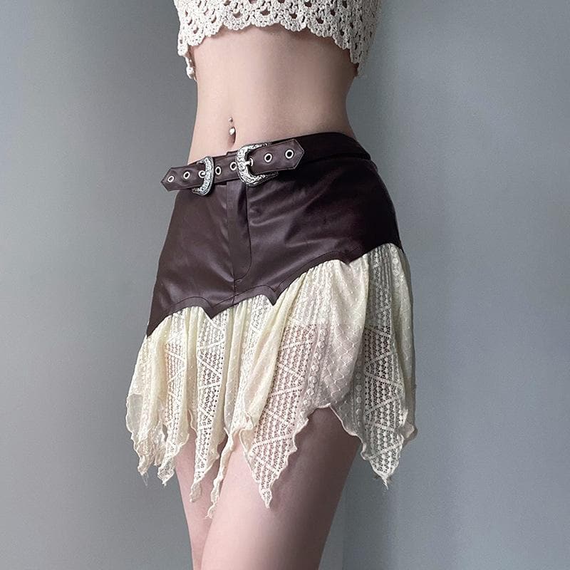 Minigonna testurizzata con cintura a balze patchwork in pelle PU irregolare 