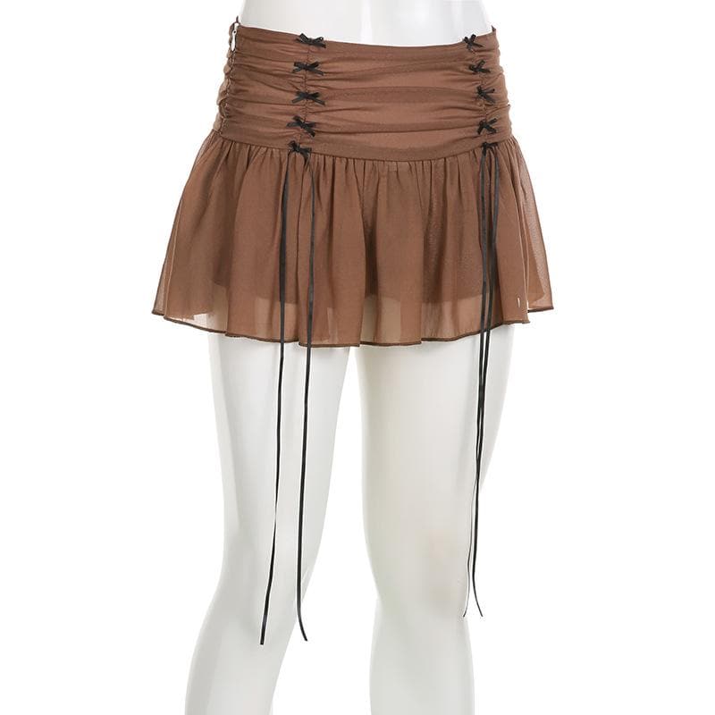 Chiffon ruched zip-up bowknot low rise mini skirt