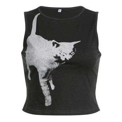Top girocollo senza maniche a contrasto con motivo a gatto 