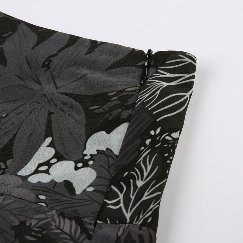 Minigonna in chiffon con stampa di foglie irregolari a contrasto e cerniera 