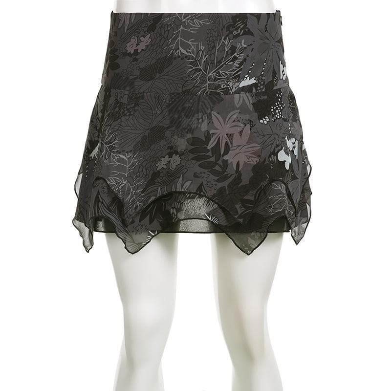 Minigonna in chiffon con stampa di foglie irregolari a contrasto e cerniera 