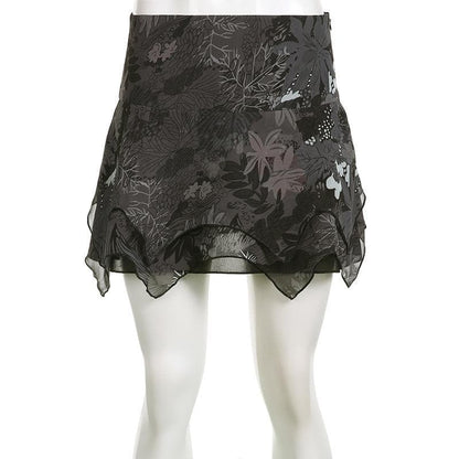 Minigonna in chiffon con stampa di foglie irregolari a contrasto e cerniera 