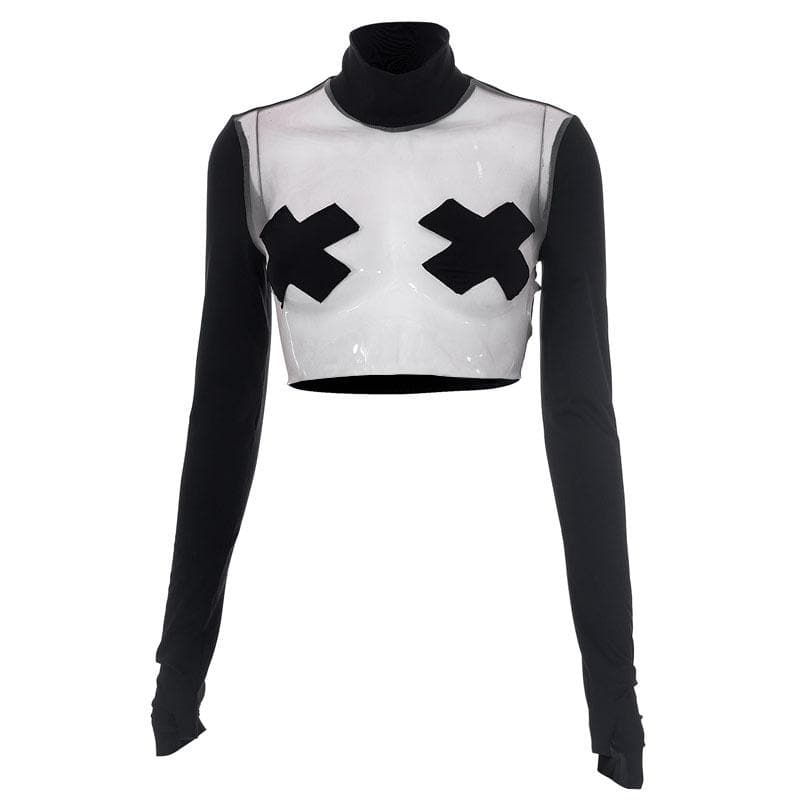 Mesh high neck long sleeve gloves patchwork crop top