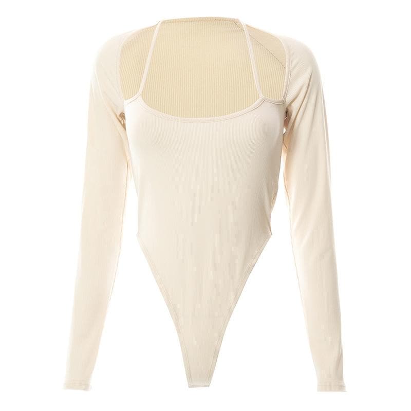 Halter solid ribbed long sleeve low cut bodysuit