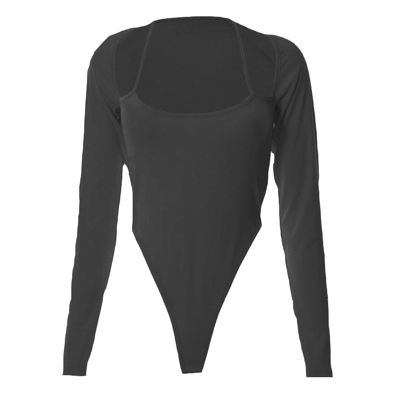 Halter solid ribbed long sleeve low cut bodysuit