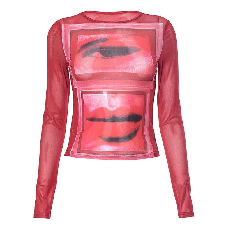 Sheer mesh see through abstract print long sleeve contrast top