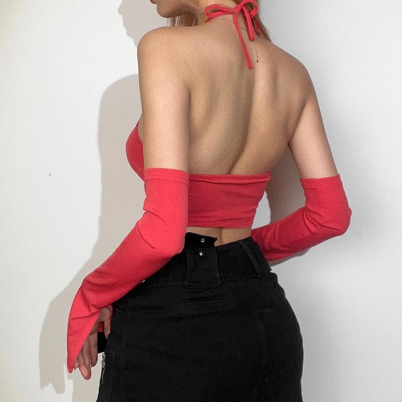 Buckle halter cross front hollow out gloves backless crop top - Final Sale