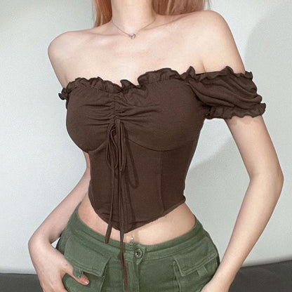 Ruffle solid puff sleeve drawstring corset backless crop top