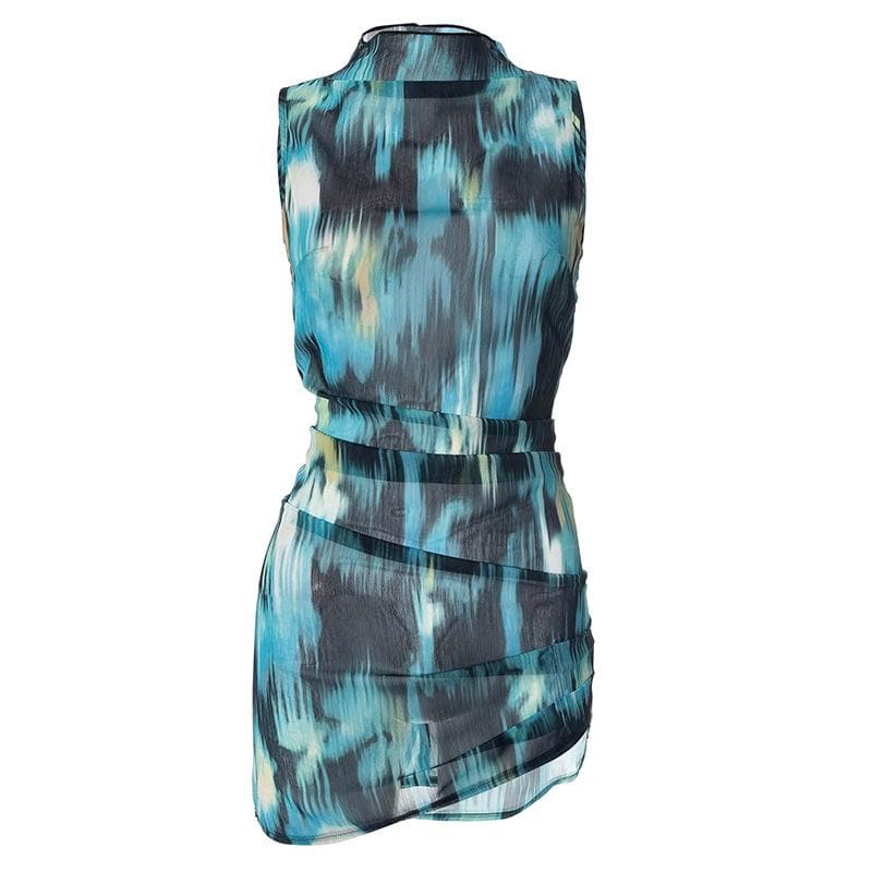 Chiffon tie dye high neck ruched contrast sleeveless zip-up mini dress