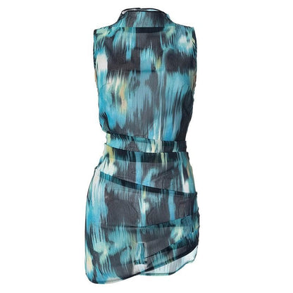 Chiffon tie dye high neck ruched contrast sleeveless zip-up mini dress