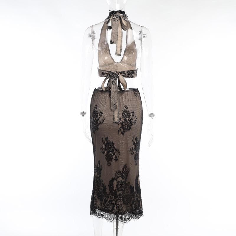Completo gonna midi con scollo a V e schiena scoperta in pizzo con allacciatura all'americana 