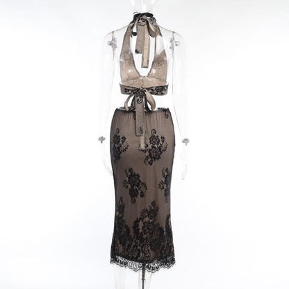 Completo gonna midi con scollo a V e schiena scoperta in pizzo con allacciatura all'americana 