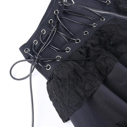 Zip-up lace up patchwork lace ruffle mini skirt