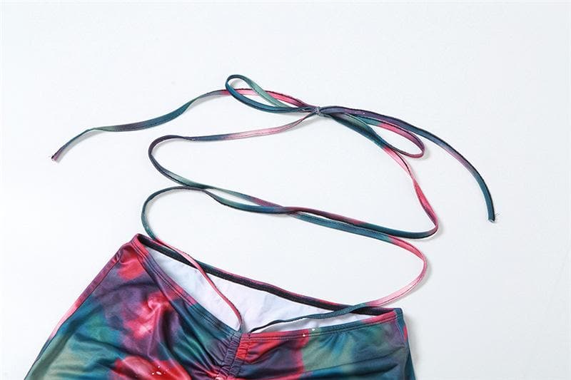 Minigonna a contrasto con coulisse, arricciata e tie-dye senza schienale 