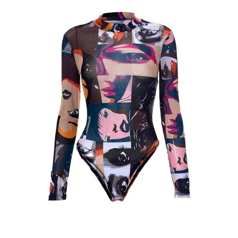 Sheer mesh see through abstract print long sleeve contrast bodysuit