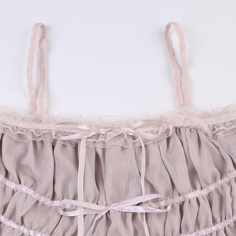 Chiffon-Camisole mit plissiertem Rüschensaum und Spitzenknopf 