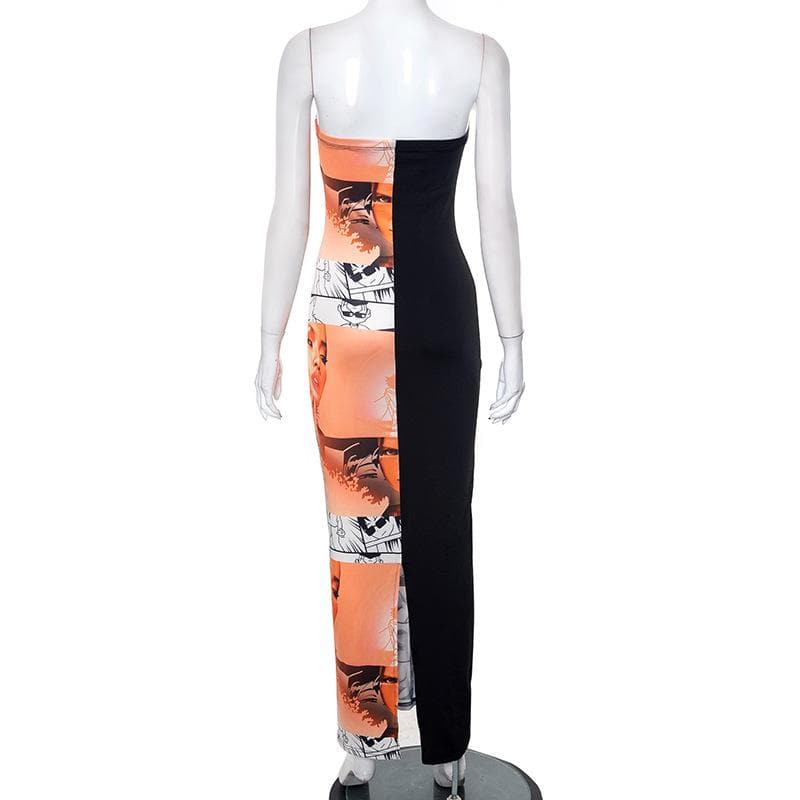 Abstract Print Contrast Patchwork Backless Slit Tube Maxi Dress