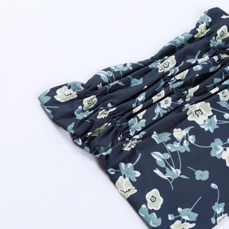 Flower print contrast ruched smocked backless tube crop top