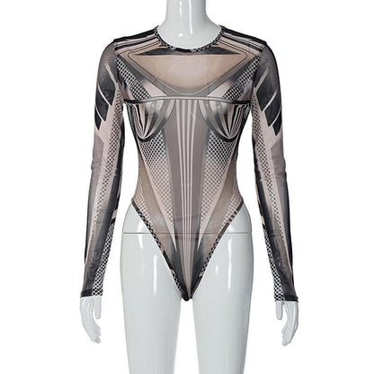 Long sleeve sheer mesh see through abstract print bodysuit