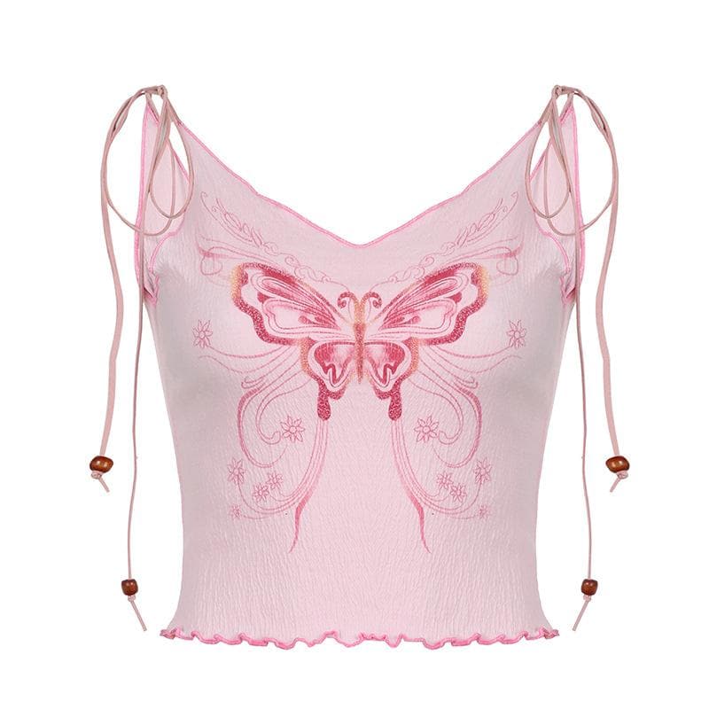 Textured butterfly pattern contrast ruffle self tie v neck backless top