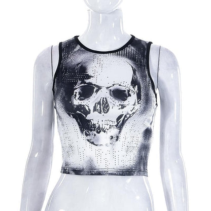 Skull pattern sleeveless crewneck crop top