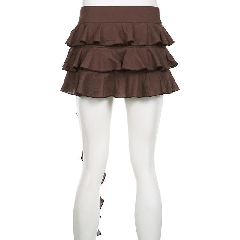 Flower applique ruffle zip-up ribbon solid mini skirt