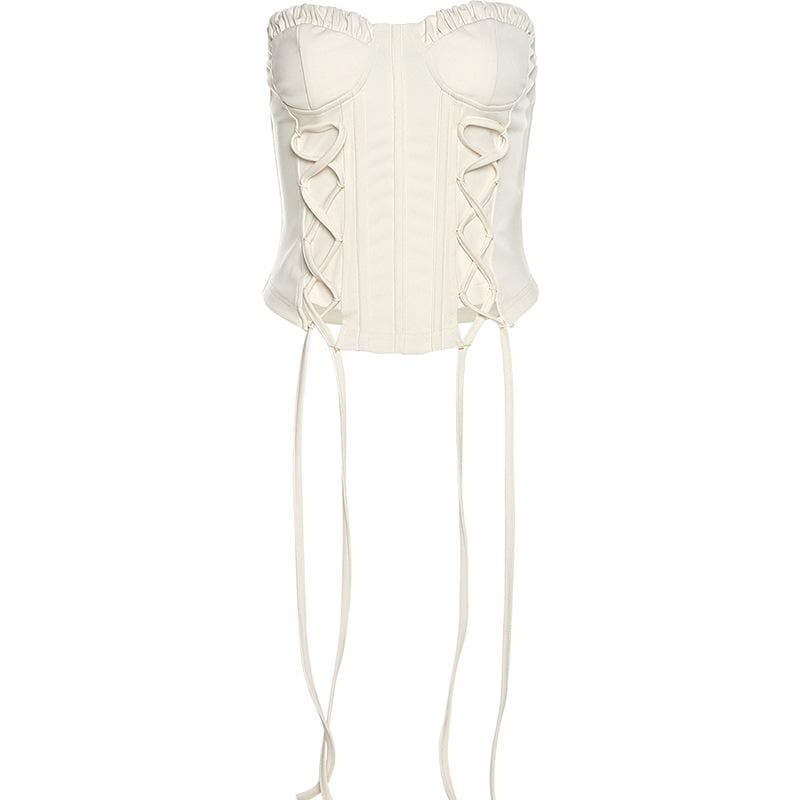 Ruffle solid lace up corset self tie backless tube top