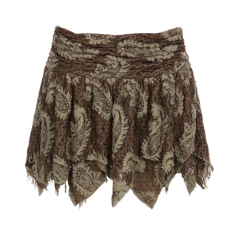 Textured contrast abstract print irregular zip-up ruched mini skirt