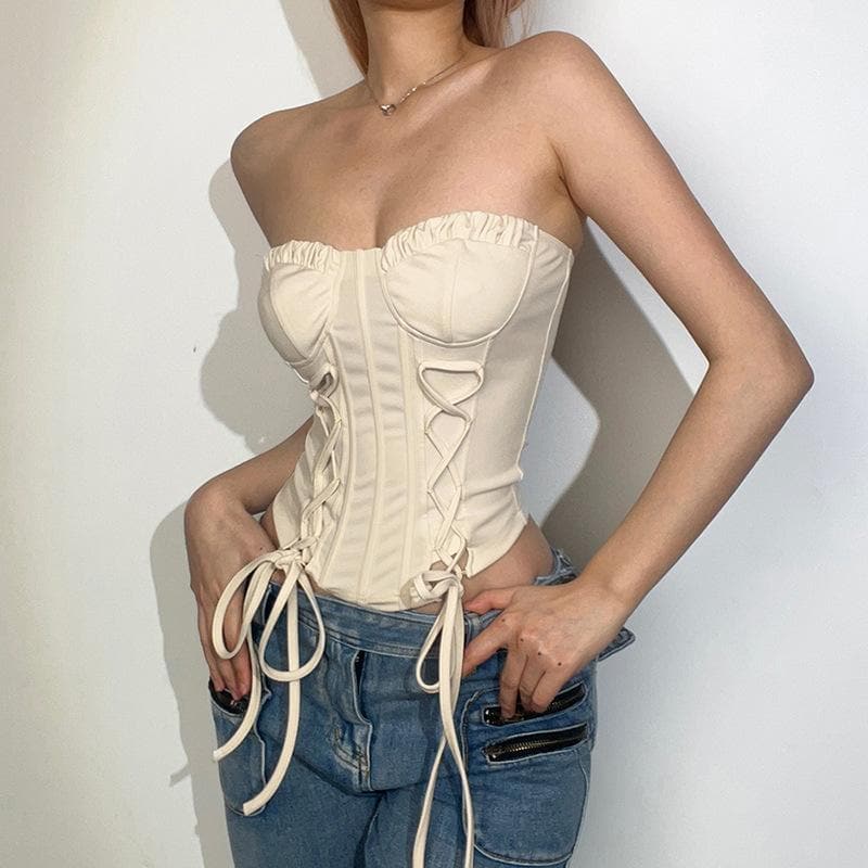 Ruffle solid lace up corset self tie backless tube top