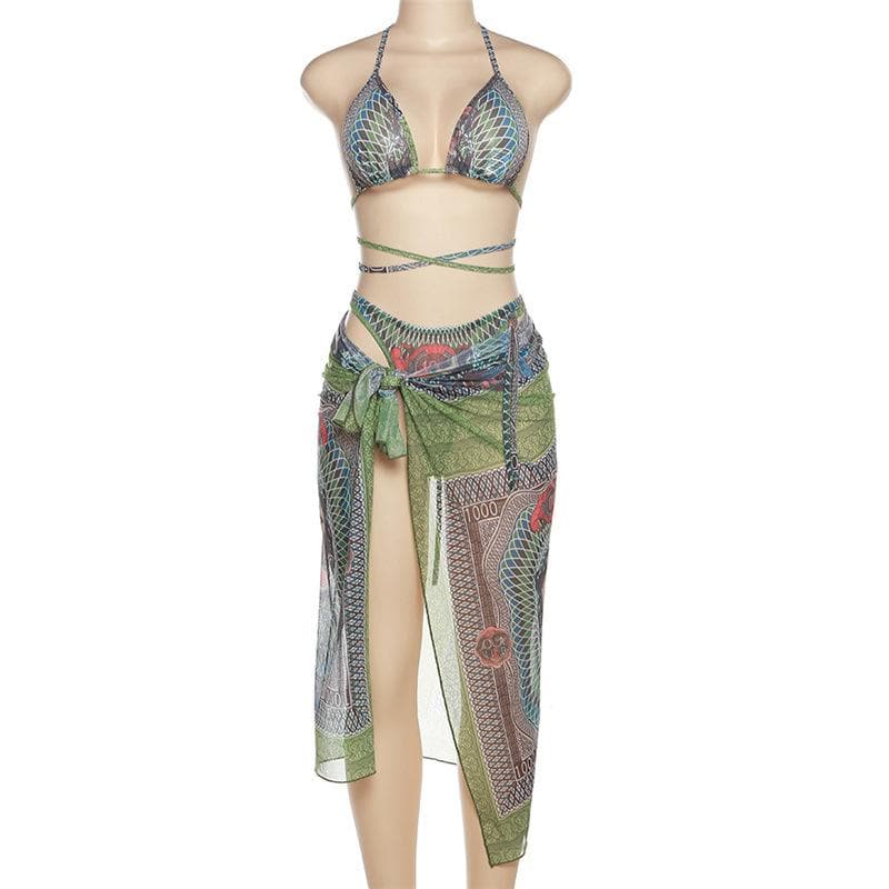 Abstract Print Mesh Halter Contrast Backless Self Tie Pant Set