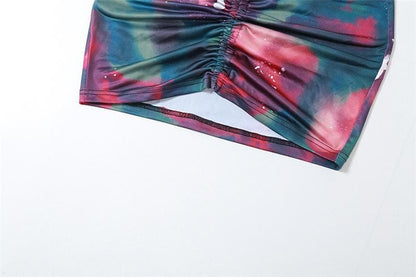 Minigonna a contrasto con coulisse, arricciata e tie-dye senza schienale 