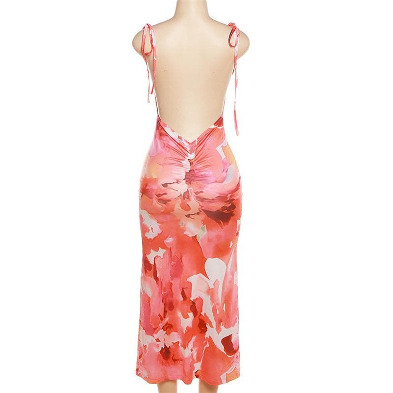 Backless cowl neck contrast print self tie maxi dress