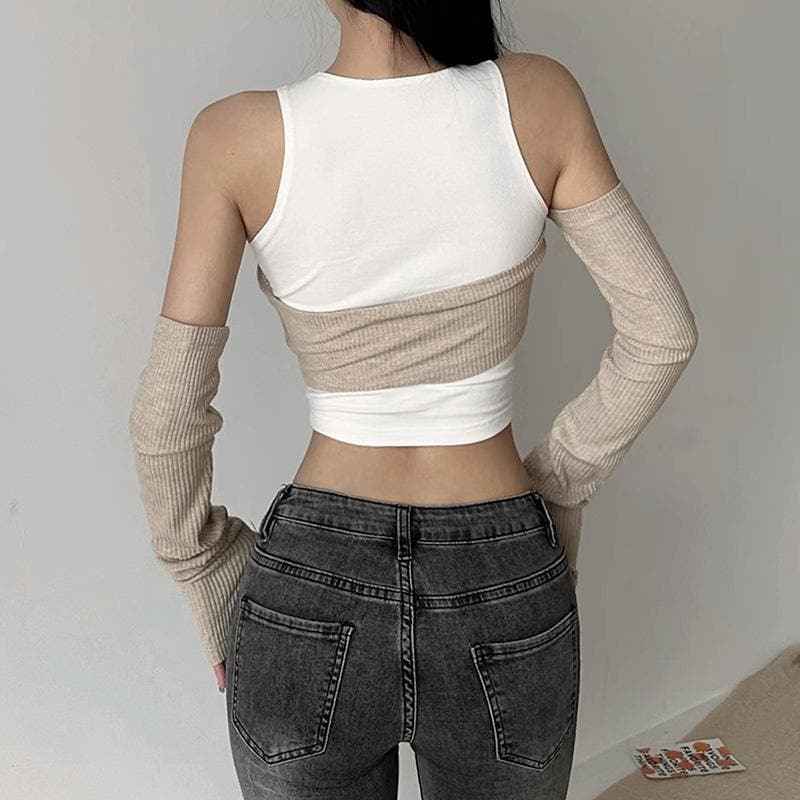 Knitted gloves contrast off shoulder crewneck 2 piece crop top