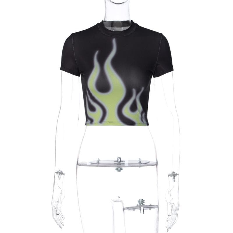 Flame pattern contrast short sleeve crewneck crop top